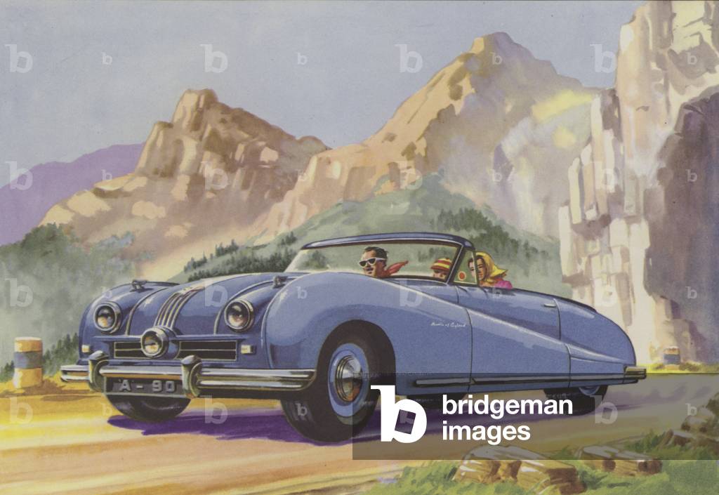 Blue convertible Austin (colour litho)