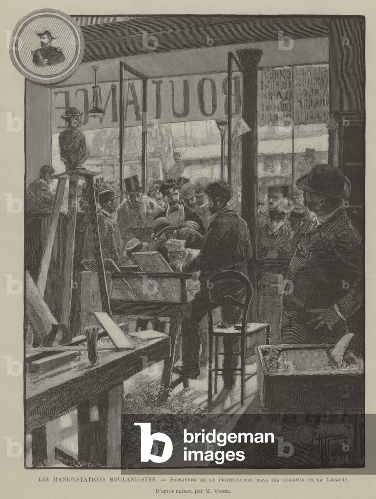Les Manifestations Boulangistes, Signature de la protestation dans les bureaux de la Cocarde (engraving)