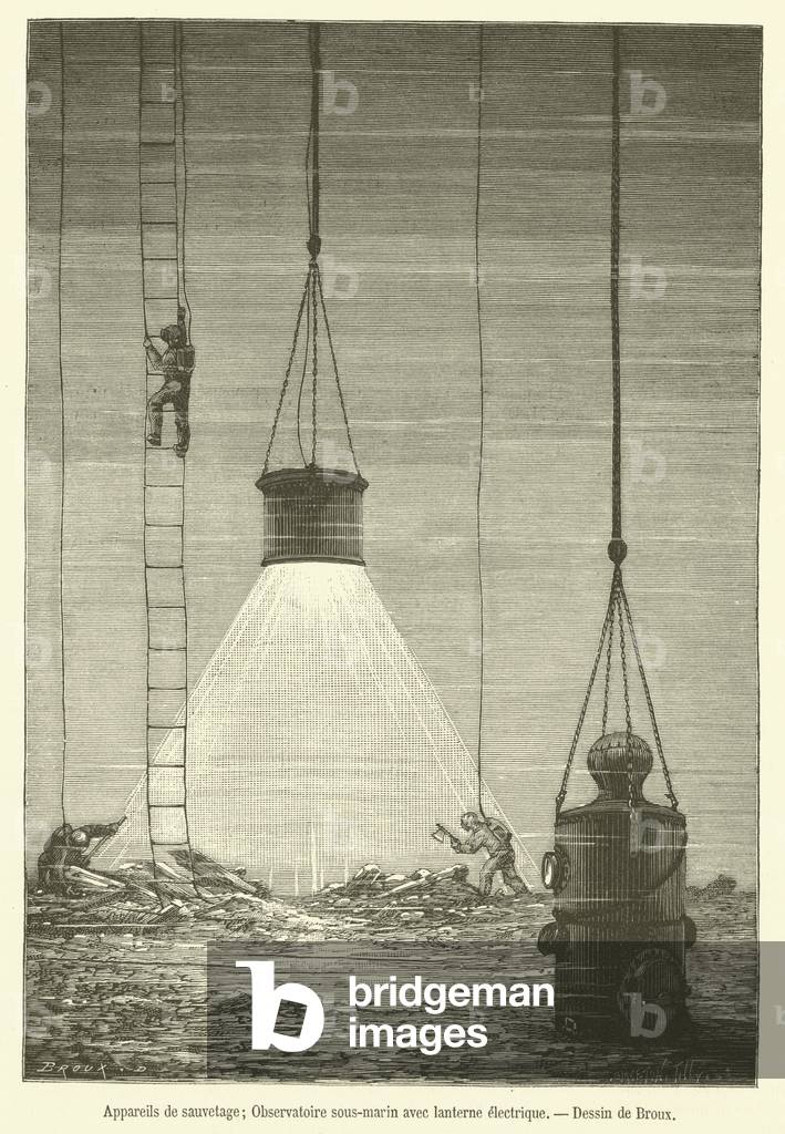 Appareils de sauvetage, Observatoire sous-marin avec lanterne electrique (engraving)