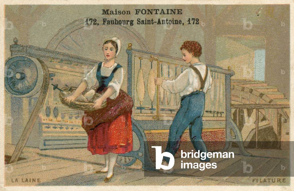 Maison Fontaine trade card, wool spinning (chromolitho)
