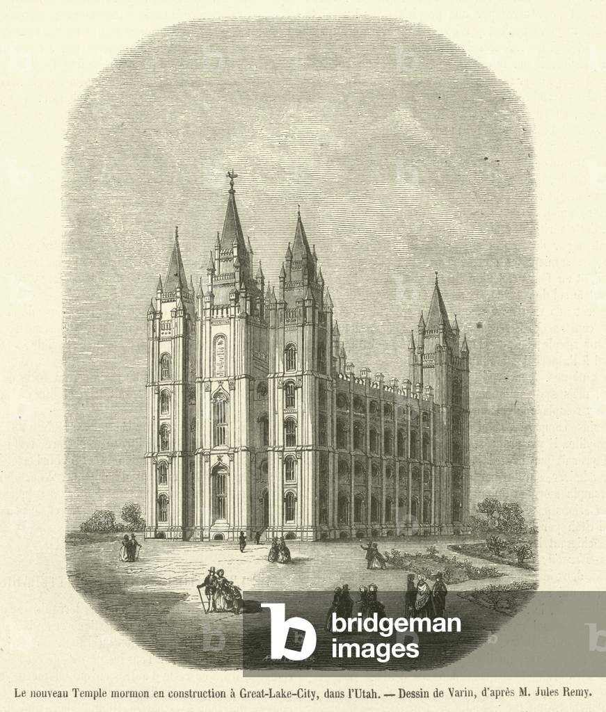 Le nouveau Temple mormon en construction a Great-Lake-City, dans l'Utah (engraving)