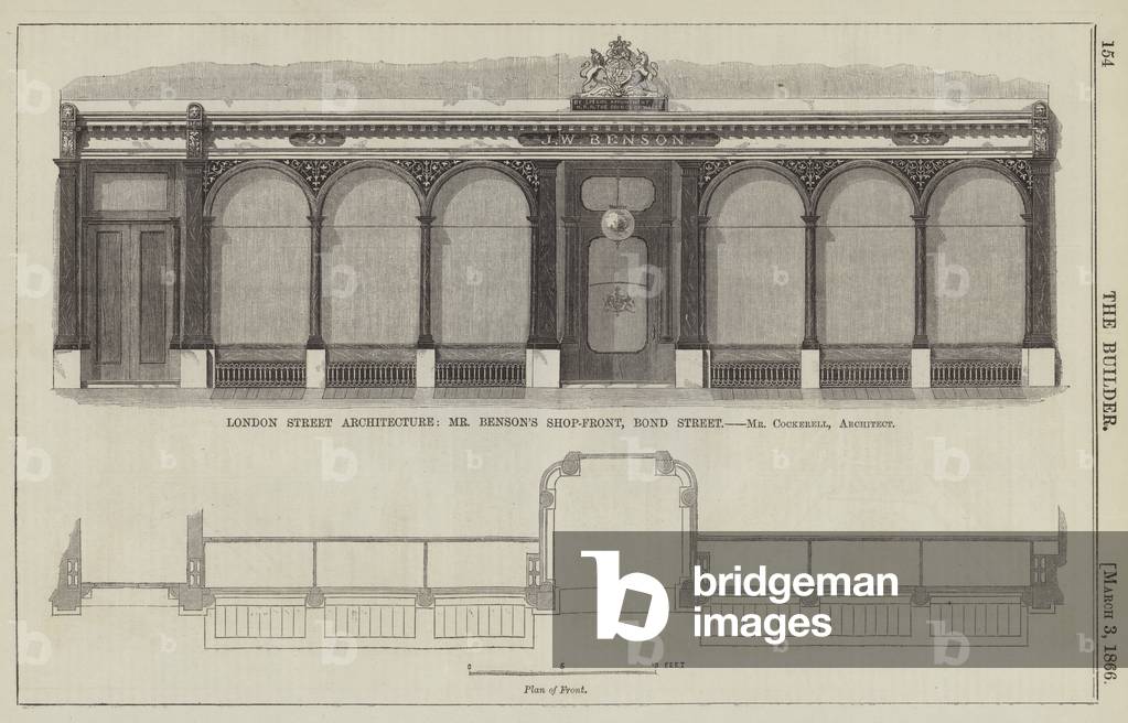 London Street Architecture, Mr Benson's Shop-Front, Bond Street, Mr Cockerell, Architect (engraving)