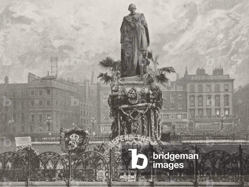 Lord Beaconsfield's Statue on Primrose Day, 1895 (b/w photo)