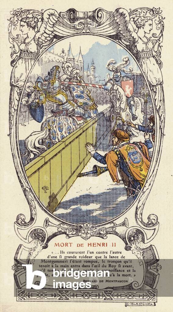 Death of King Henry II of France in a jousting accident, Paris, 1559 (colour litho)