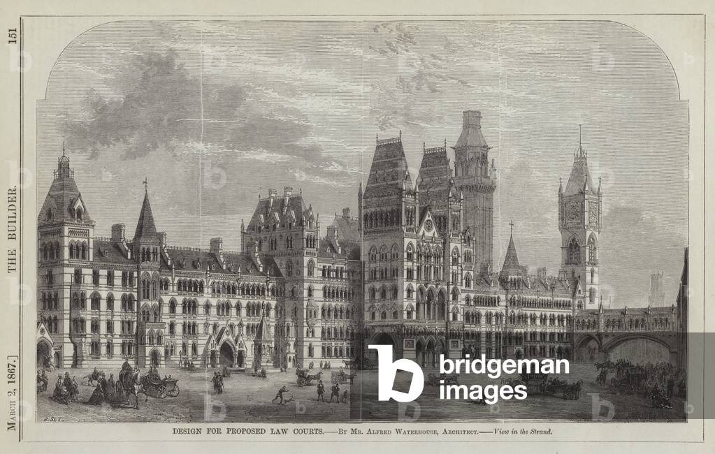 Design for Proposed Law Courts, by Mr Alfred Waterhouse, Architect, View in the Strand (engraving)