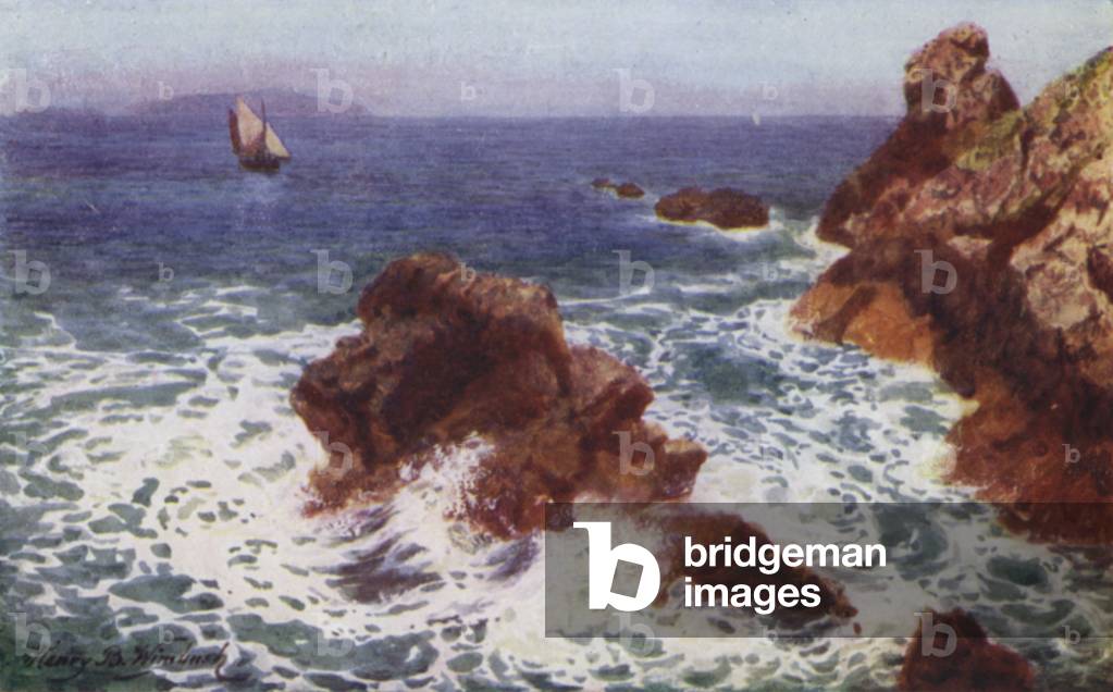 Grosnez Point, Jersey, Sark in Distance (colour litho)