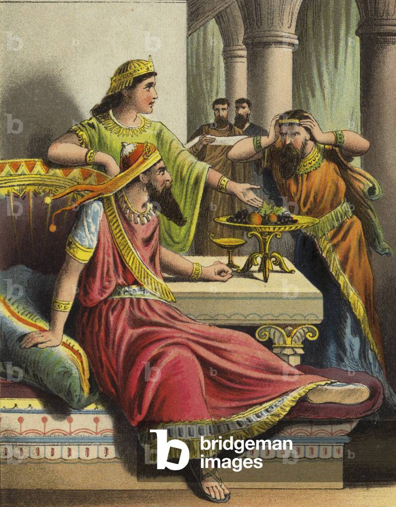 The Story of Queen Esther: Esther accuses Haman (colour litho)