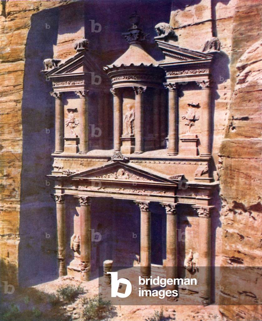 Beautiful rock-hewn temple in the River Gorge leading to Petra (colour photo)