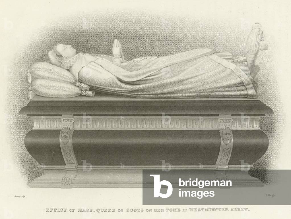 Effigy of Mary, Queen of Scots on her tomb in Westminster Abbey (engraving)