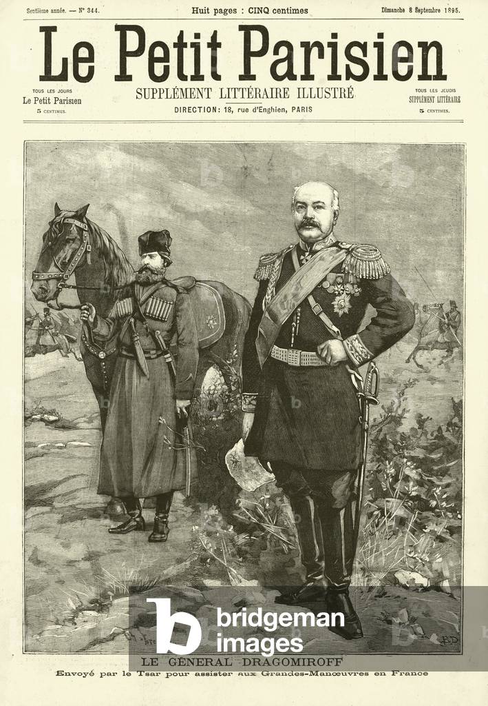 Russian General Mikhail Dragomirov, sent by Tsar Nicholas II to attend the French Army's grand manoeuvres (engraving)