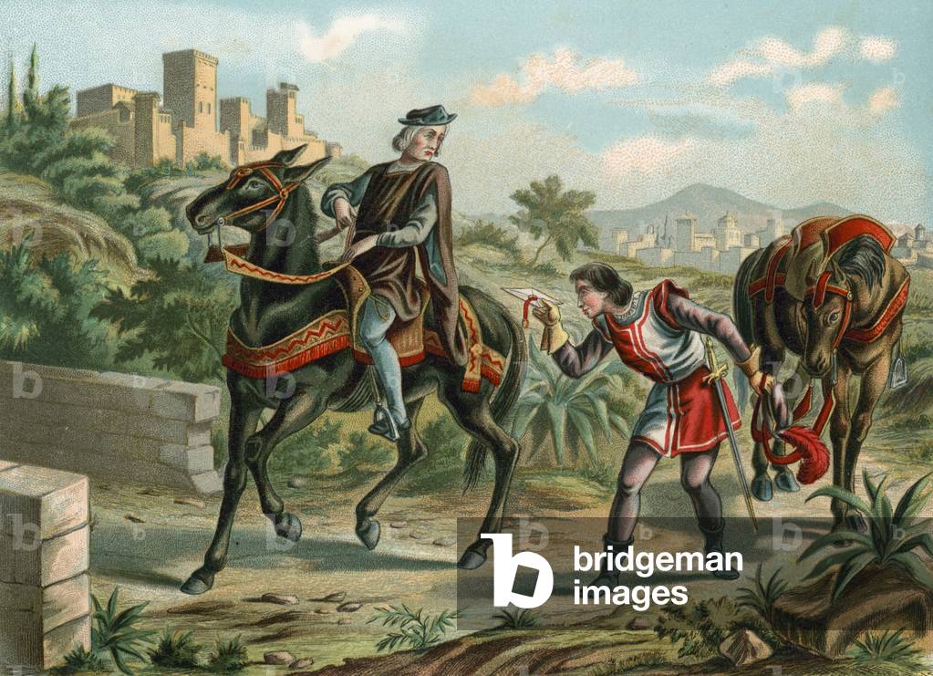 Christopher Columbus receives a message from the Queen accepting his proposals