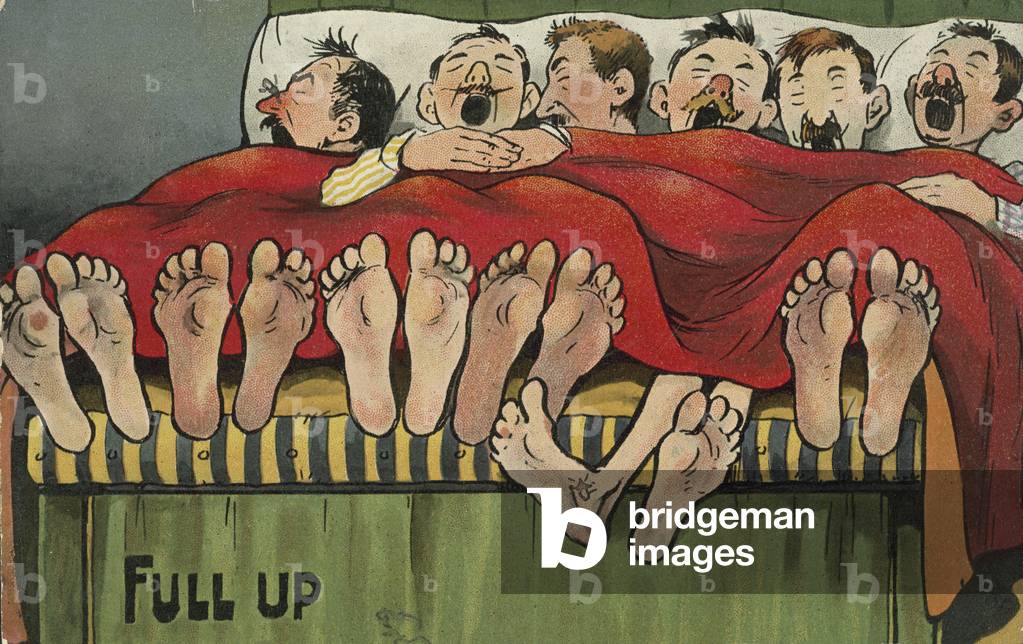 Six men sleeping in a bed (chromolitho)