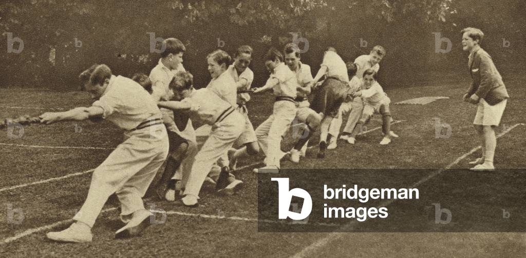 Tug of war at Mill Hill Junior School sports day (b/w photo)