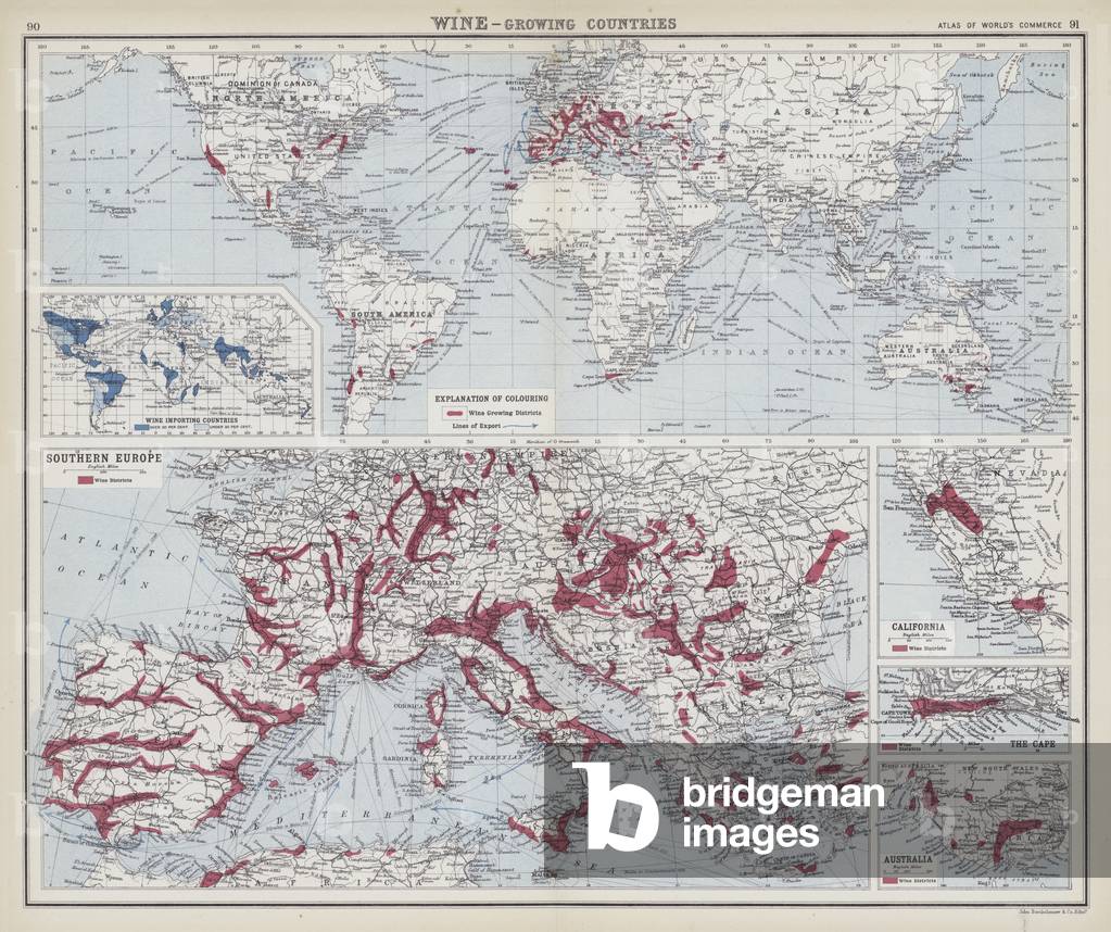 Wine, growing countries (colour litho)