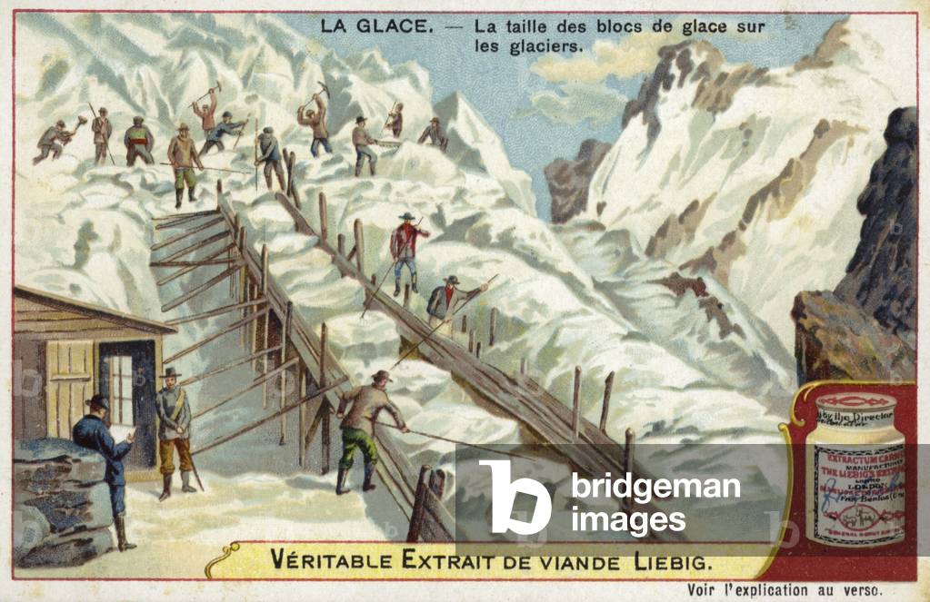 Cutting blocks of ice on a glacier (chromolitho)