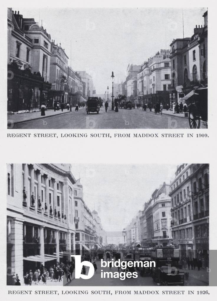 Regent Street, looking south, from Maddox Street in 1909; Regent Street, looking south, from Maddox Street in 1926 (b/w photo)