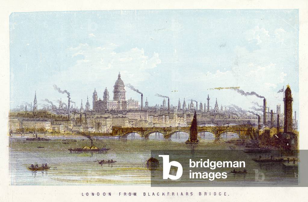 River Thames: London from Blackfriars Bridge (coloured engraving)