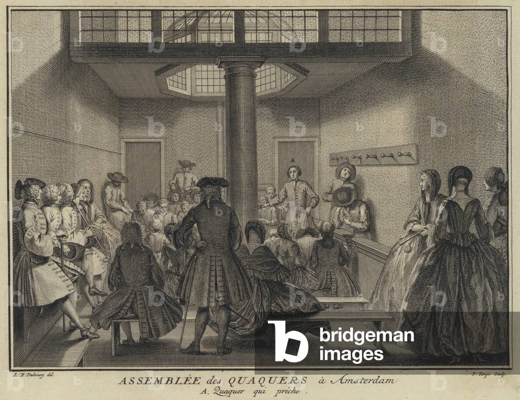 Man preaching at a meeting of Quakers in Amsterdam, Netherlands (engraving)