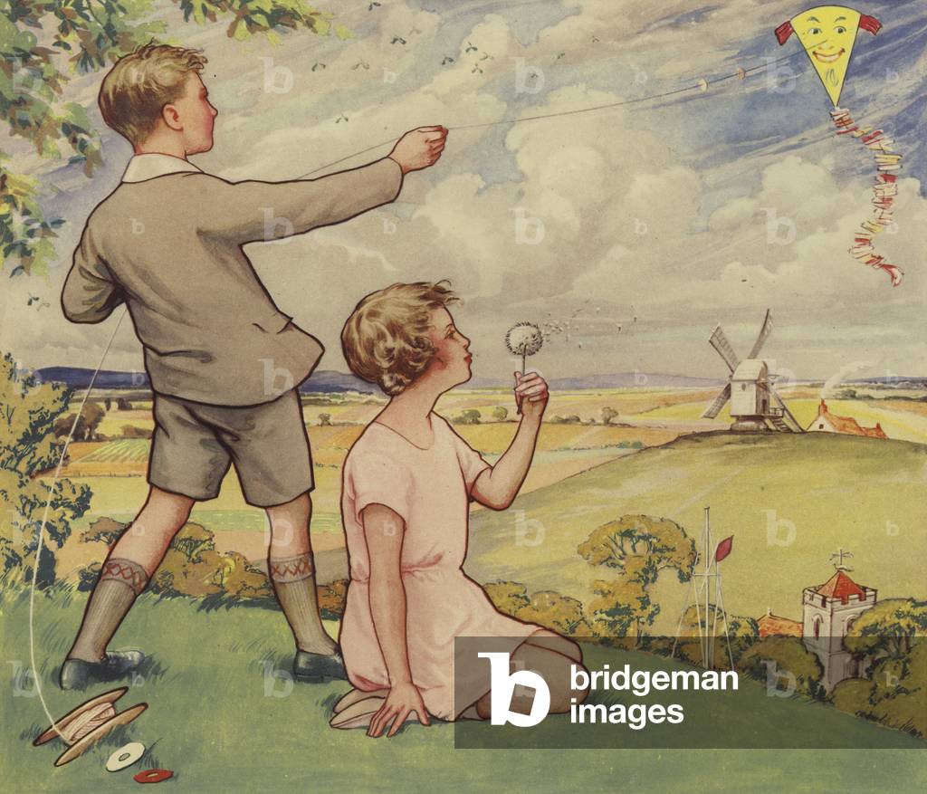 Boy and girl flying a kite (colour litho)