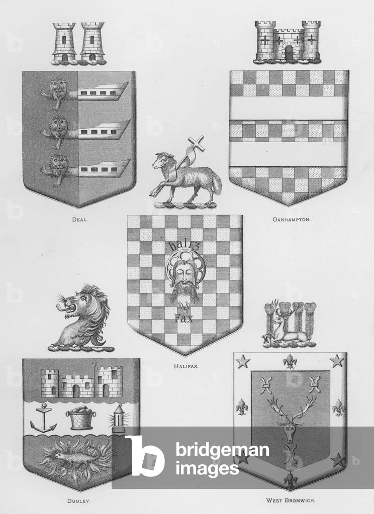 Public arms: Deal; Oakhampton; Halifax; Dudley; West Bromwich (engraving)
