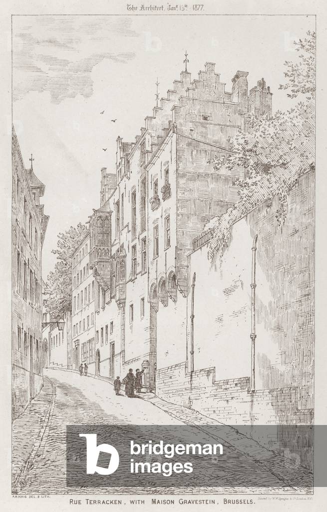 Rue Terracken, with Maison Gravestein, Brussels (engraving)