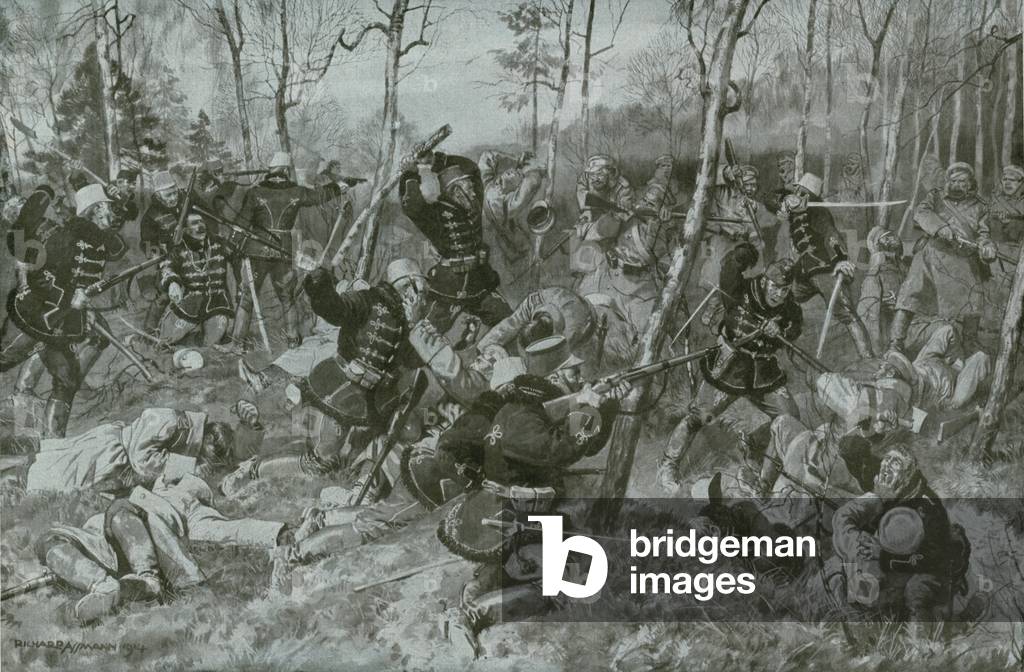 Hand to hand fighting between the Hussars and the Russians in Birkenwalde (litho)