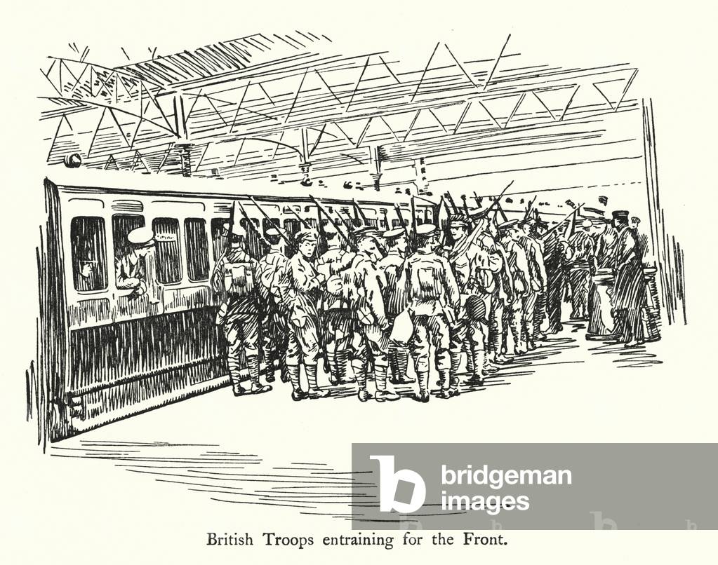 British Troops entraining for the Front (litho)