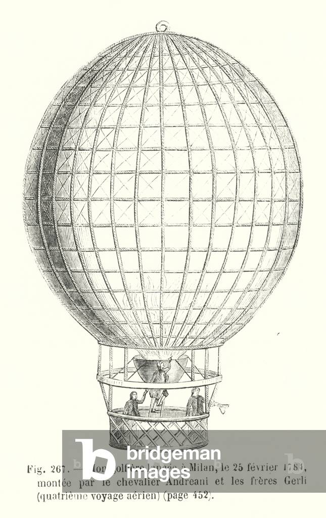 Montgolfiere lancee a Milan, le 25 fevrier 1784, montee par le chevalier Andreani et les freres Gerli, quatrieme voyage aerien (engraving)