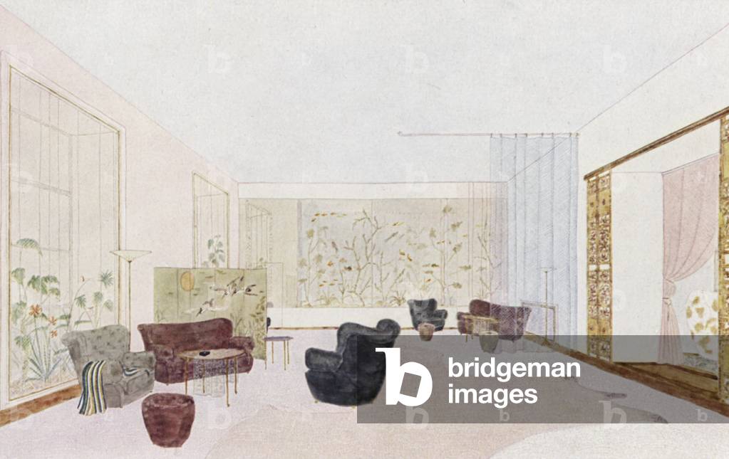 1930s interiors: Fashion salon (colour litho)