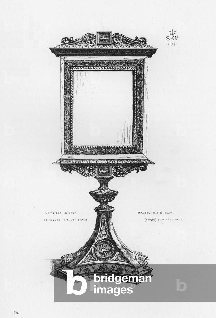 Victoria And Albert Museum: Metallic Mirror in carved walnut frame, Italian, 1540-50 (engraving)