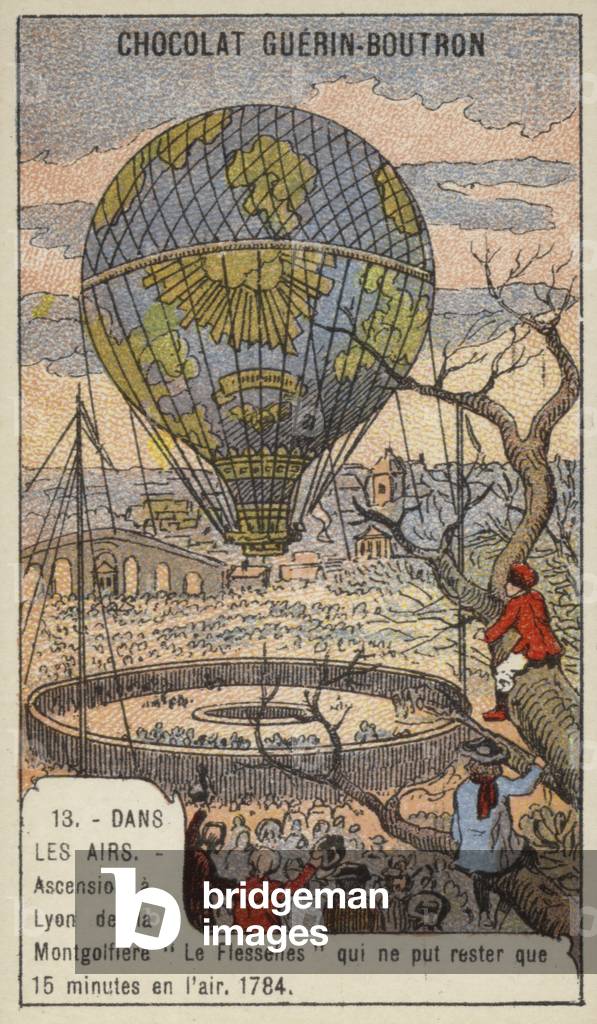 Ascent of the balloon Le Flesselles, Lyon, France, 1784 (chromolitho)