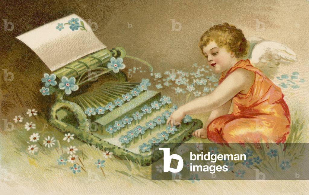 Cherub with a typewriter made of flowers (colour litho)