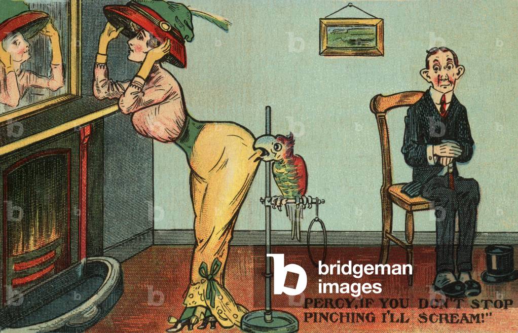 Parrot biting a woman (colour litho)