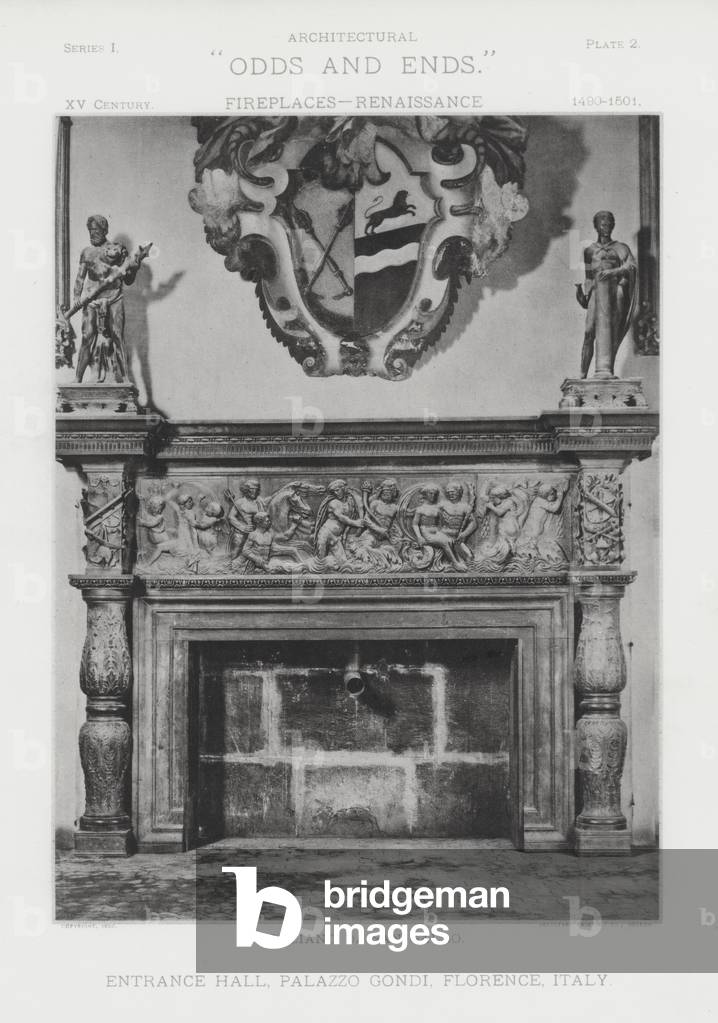 Fireplace: Entrance Hall, Palazzo Gondi, Florence, Italy (b/w photo)