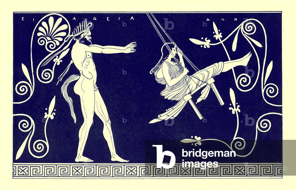 Silen swinging maiden, illustration from 'Greek Vase Paintings' by J. E. Harrison and D. S. MacColl, published 1894 (digitaly enhanced image)