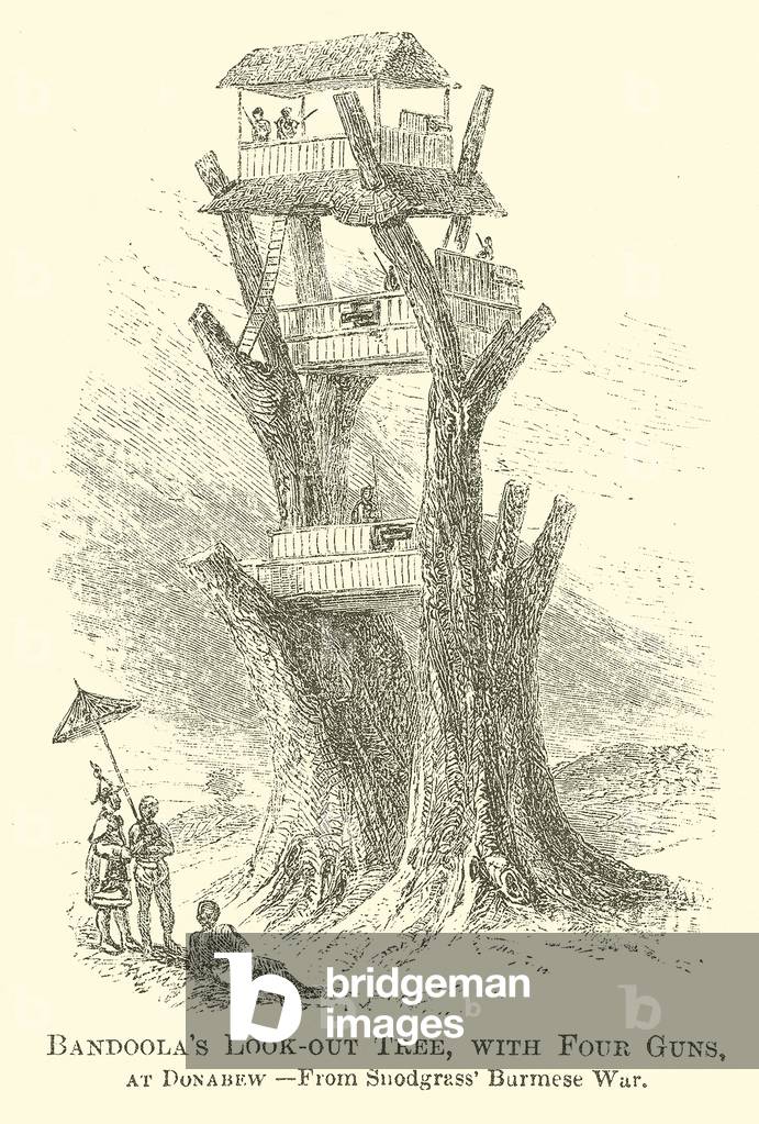 Bandoola's Look-Out Tree, with Four Guns, at Dunabew, illustration for 'A Comprehensive History of India' by Henry Beveridge, 1862 (engraving)