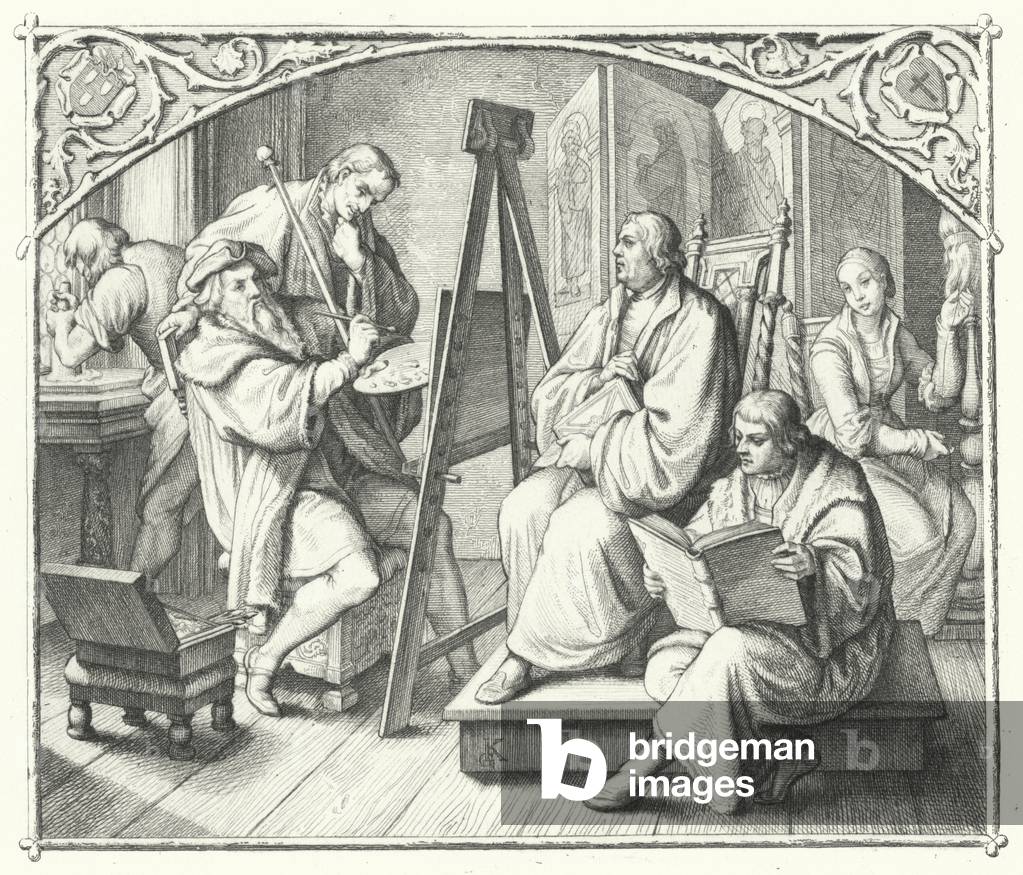 Martin Luther sits for a painting by Lucas Cranach the Elder (engraving)