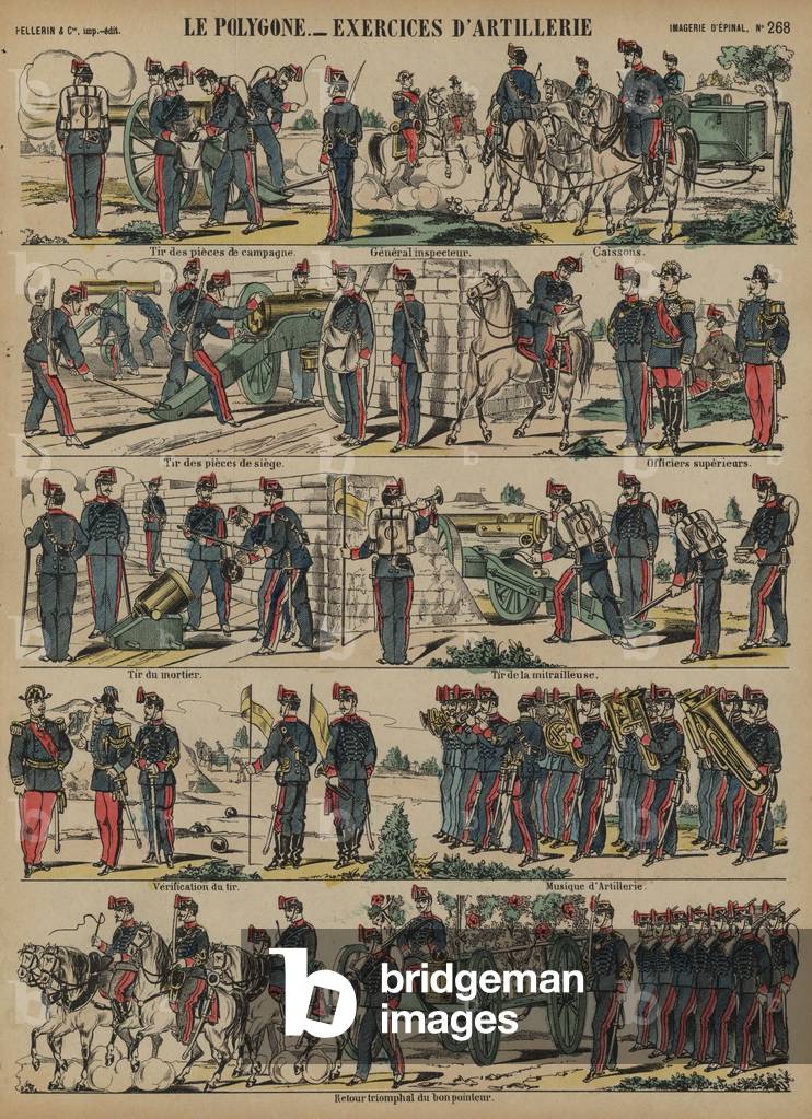 French army artillery exercises, Le Polygone, Lorient, France (coloured engraving)