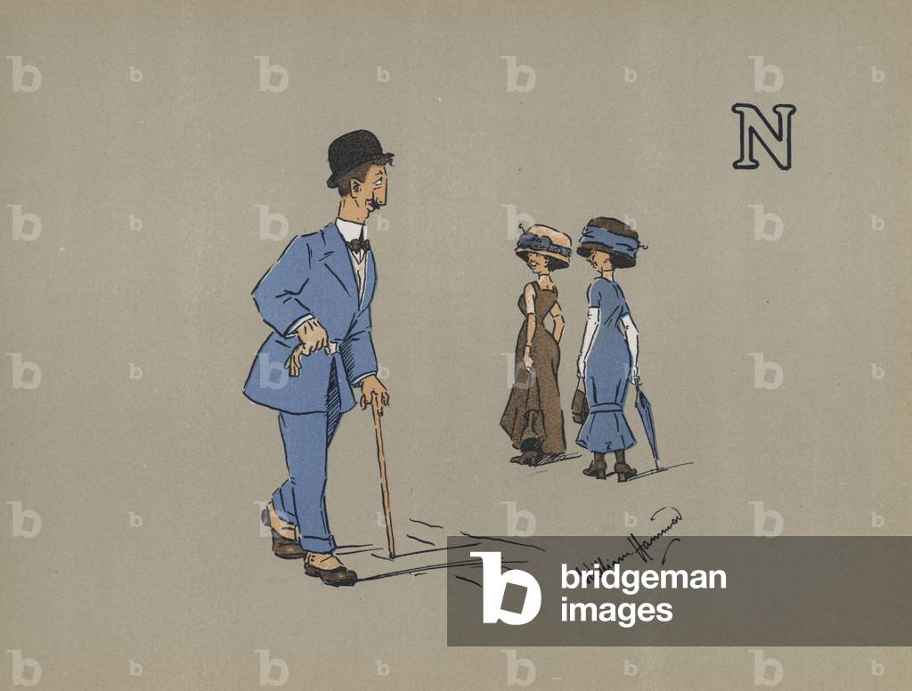 Letter N, Nauseating Nut Negligently Noticing Neighbouring Nymphs (colour litho)