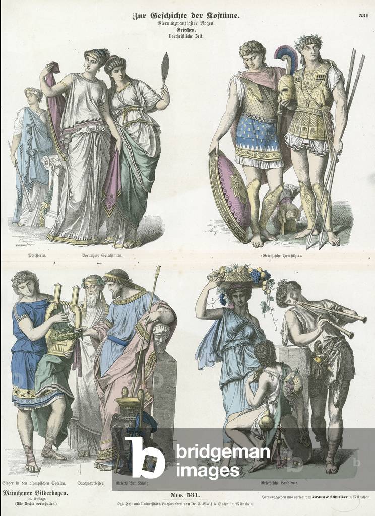 Ancient Greek costumes (coloured engraving)