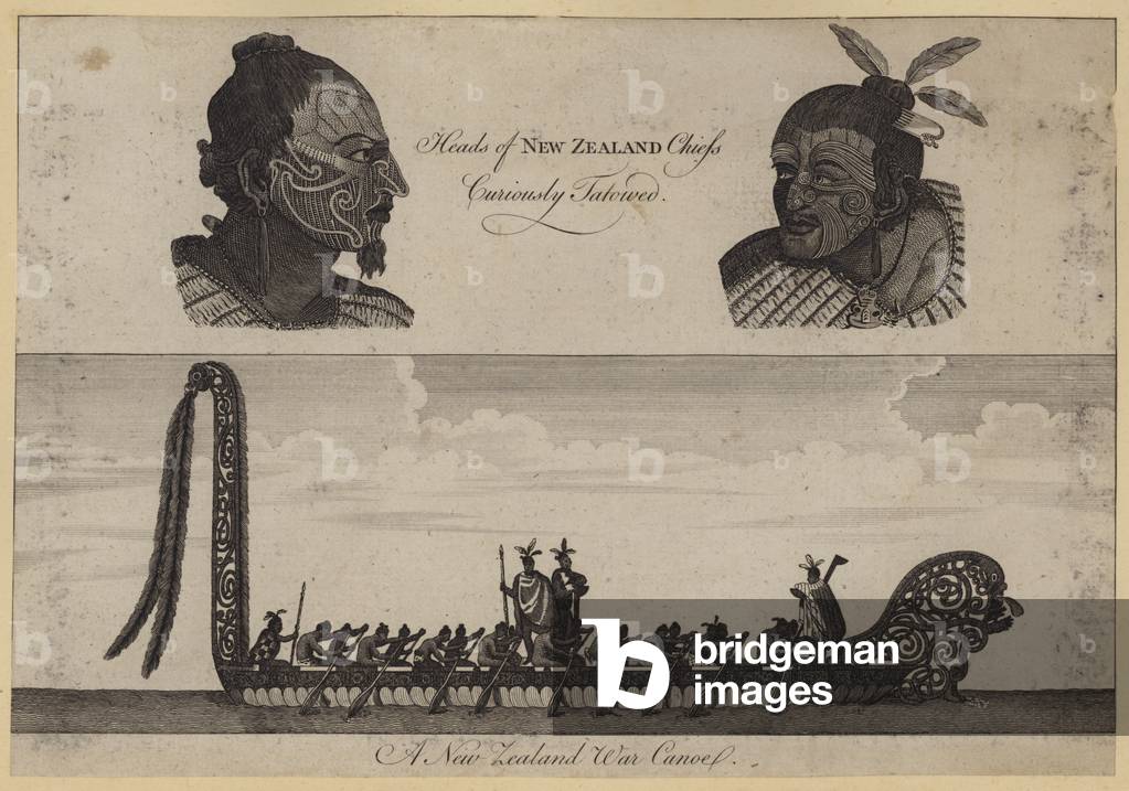 Heads of New Zealand Chiefs Curiously Tatowed, a New Zealand War Canoe (engraving)