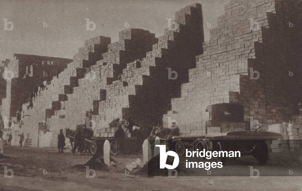 Vast pyramids of stores for British troops on the Western Front, Boulogne, France, World War I, 1917 (b/w photo)
