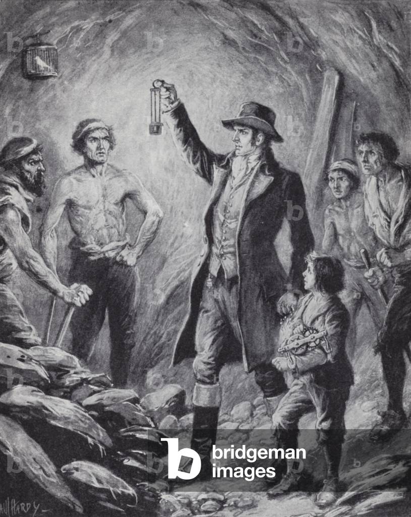 Sir Humphrey Davy and his invention of the first safety lamp for miners, 1815 (litho)