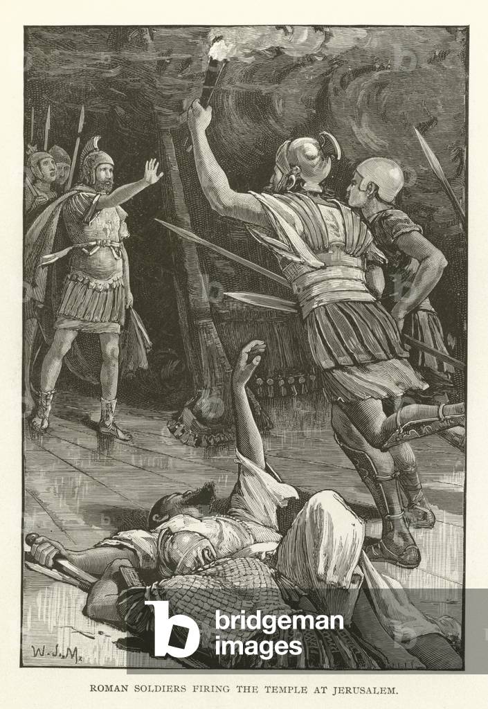 Roman soldiers firing the temple at Jerusalem (engraving)