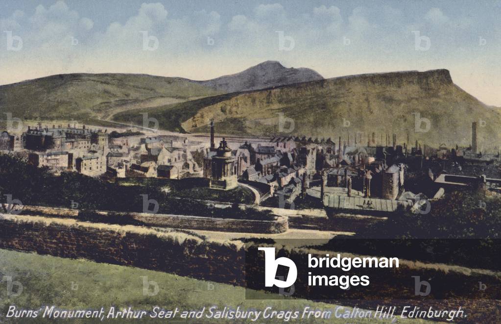 Burns Monument, Arthur's Seat and Salisbury Crags from Calton Hill, Edinburgh (colour photo)