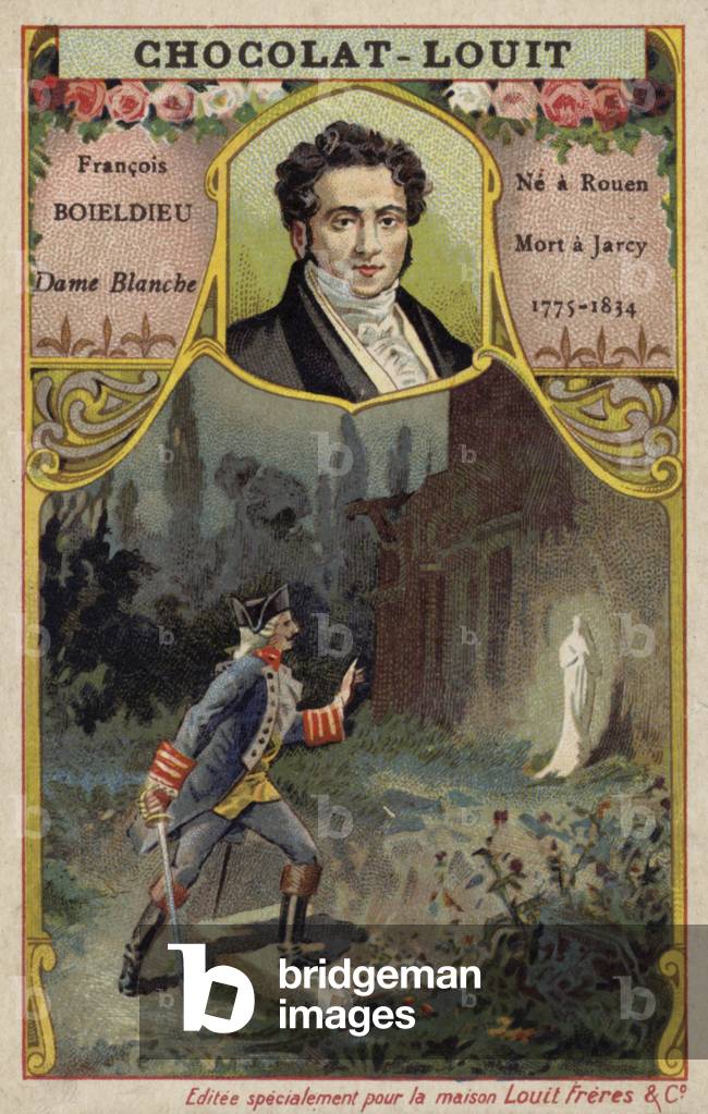 Francois-Adrien Boieldieu, French composer, and a scene from his opera La Dame Blanche (chromolitho)