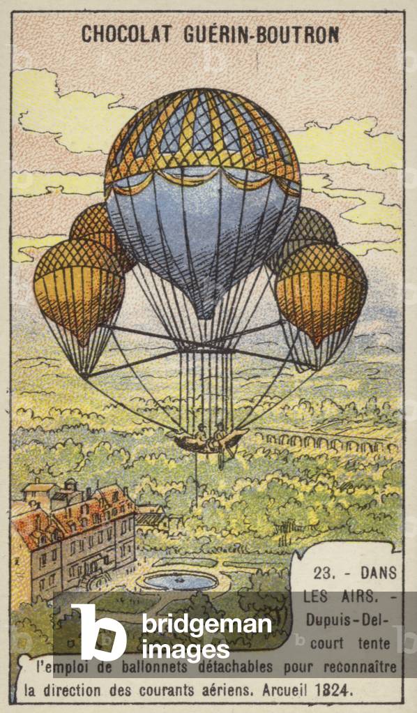 Dupuis-Delcourt attempting to measure the direction of air currents using detatchable balloons, Arcueil, France, 1824 (chromolitho)