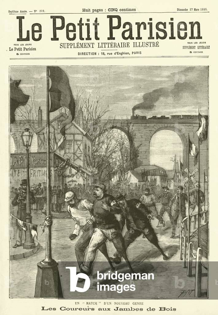 A running race for amputees with wooden legs (engraving)