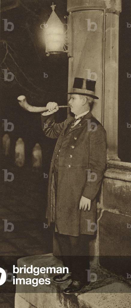 Panyer-man summoning members to dinner in Middle Temple Hall (b/w photo)