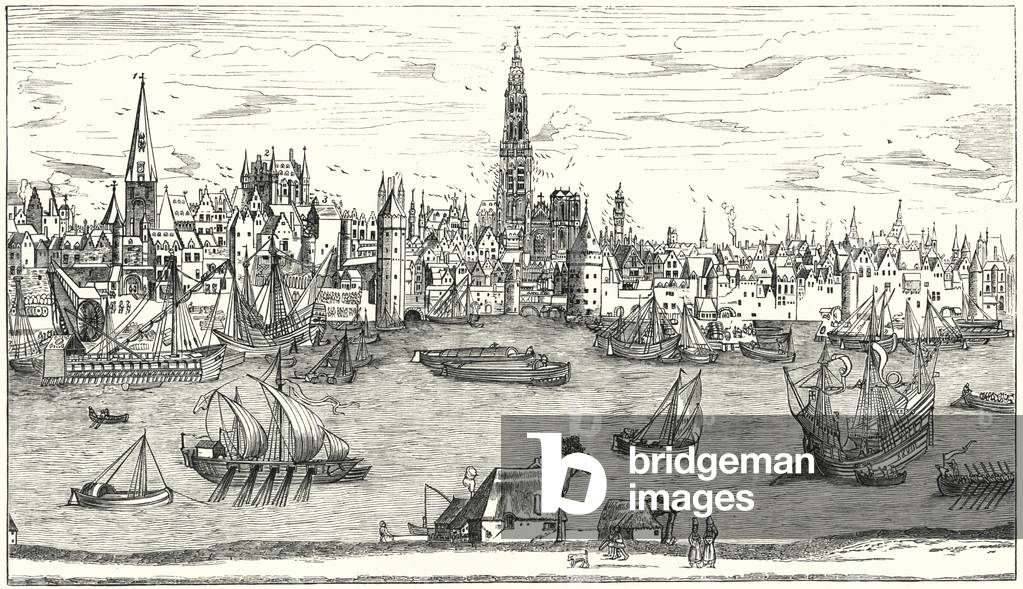Panorama of Antwerp at the beginning of the 16th Century (engraving)